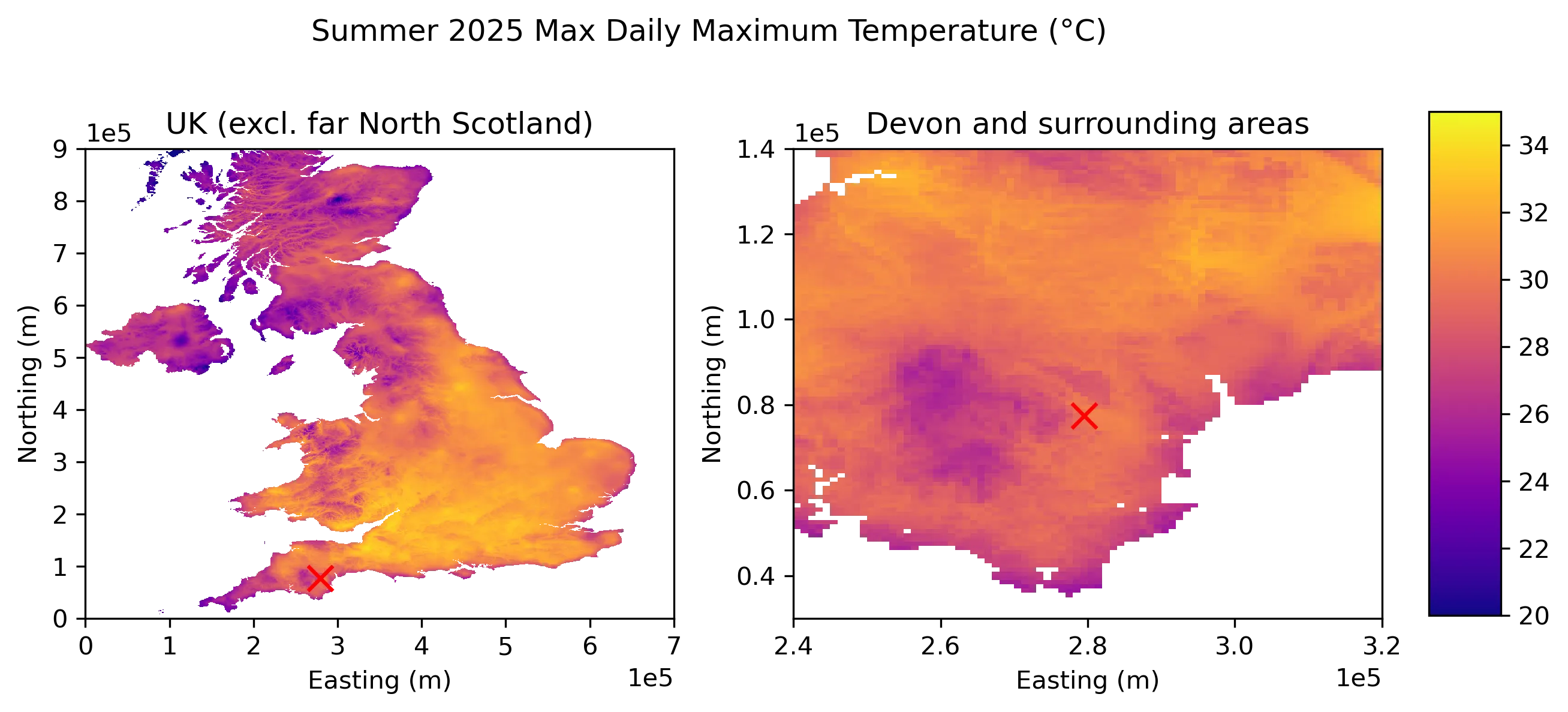 HadUK-grid observations summer 2025 maximum daily max air temperature map of the UK